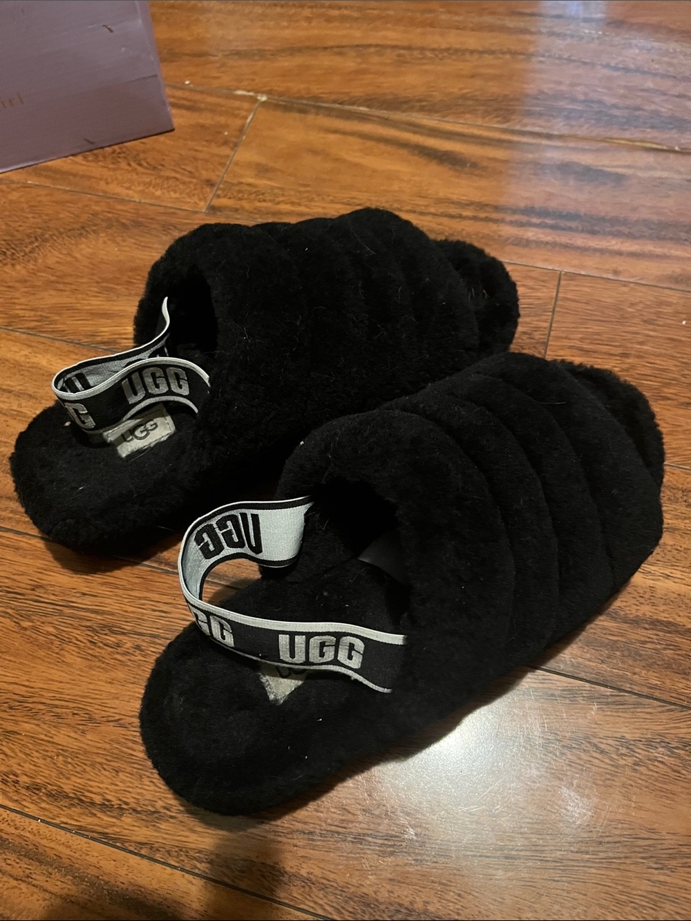UGG Black Fluff Yeah Slide Sandals with Branded Heel Strap